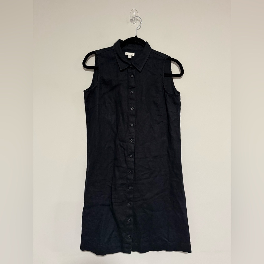 Garnet Hill Black Sleeveless Button Front Black Shirt Dress Size 2 Classic Linen
